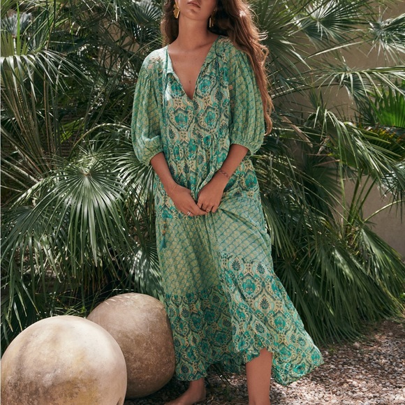 Zara long green printed dress - Picture 1 of 8